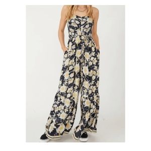 Free People Floral Jumpsuit in Black and Yellow